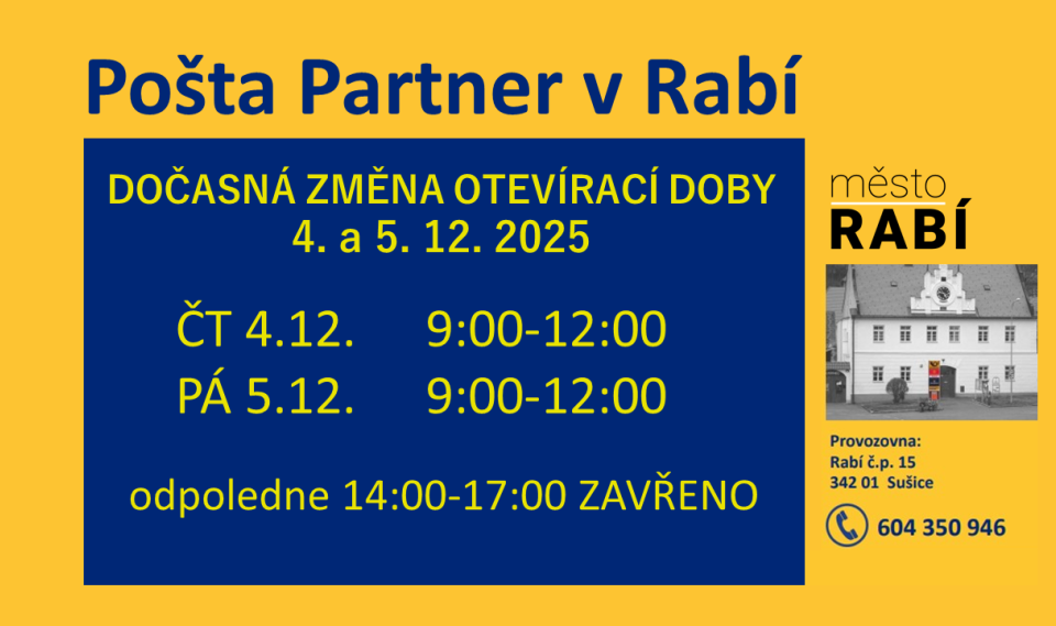 Aktualita Dočasná změna otevírací doby Pošta Partner Rabí