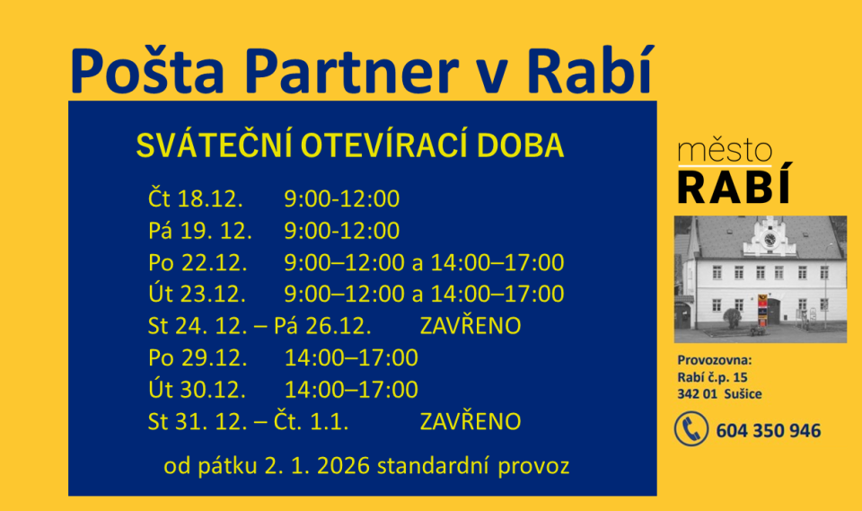 Aktualita Sváteční otevírací doba Pošta Partner Rabí