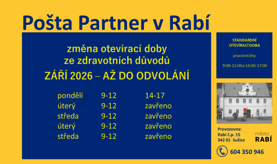 Aktualita Dočasná změna otevírací doby Pošta Partner Rabí